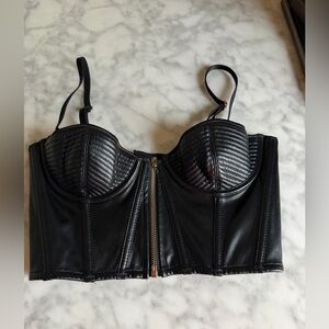 Meshki Intimates Black Faux Leather Bustier Crop Top with Front Zipper size 6